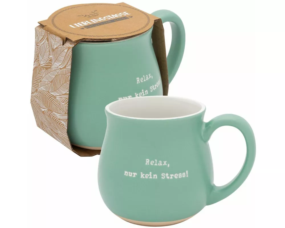 GRUSS & CO Tasse bauchig graviert "Relax, nur kein Stress!