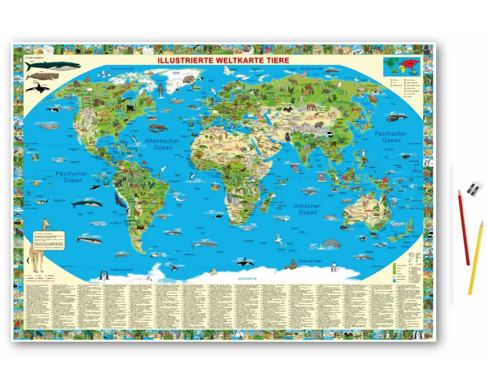Illustrierte Weltkarte Tiere