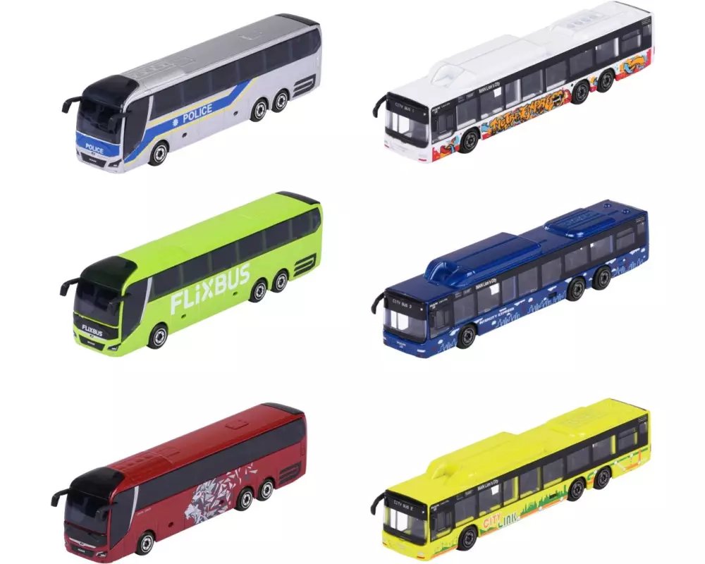 Majorette City MAN Bus, 6-sort. Metall, Mehrfarbig