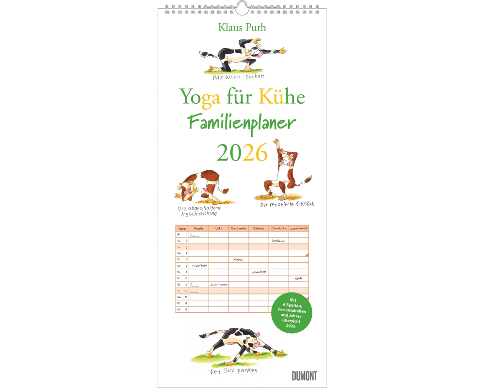 DUMONT Familienplaner 2026 260668 Yoga Kühe 6 Spalten 22x49cm