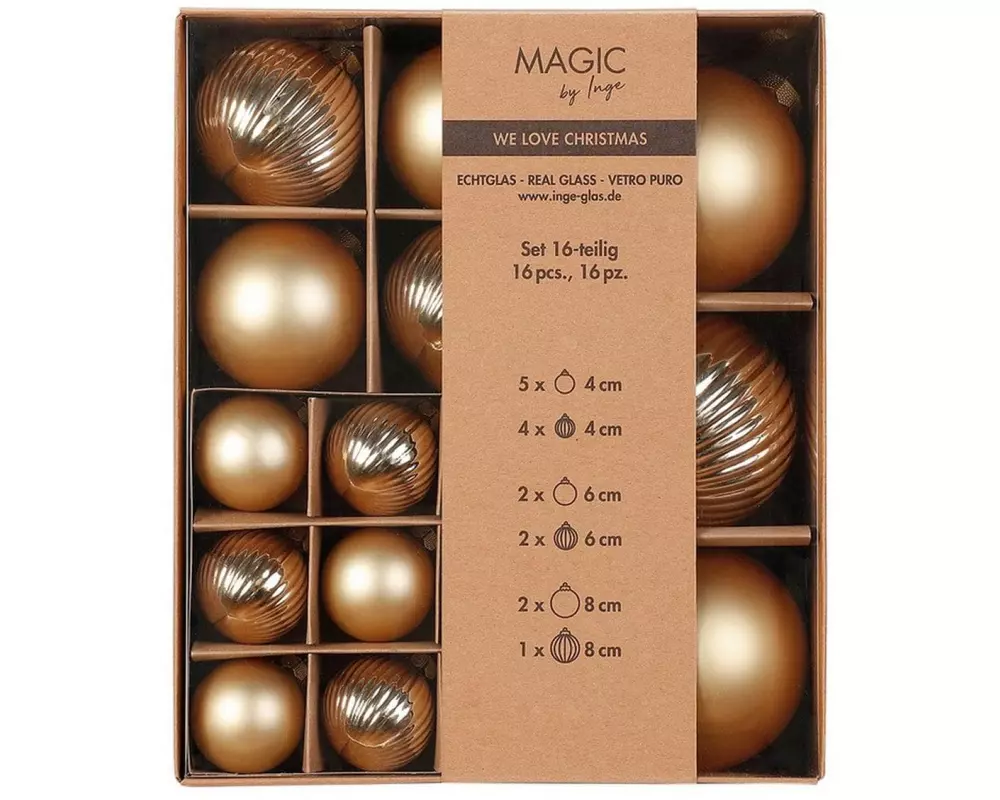 INGES CHRISTMAS DECOR Weihnachtskugel 4, 6 und 8 cm Gold, 16 Stück