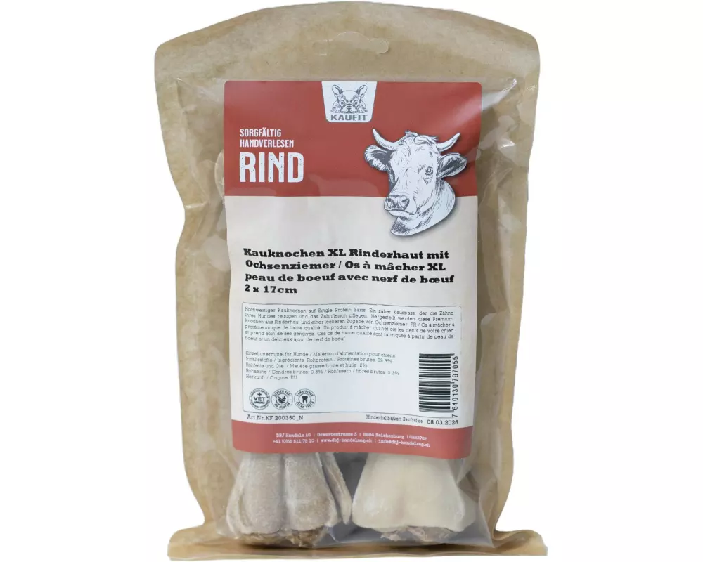 Kaufit Kauknochen Rind mit Ochsenziemer, 17 cm, 265 g, 2 Stück,