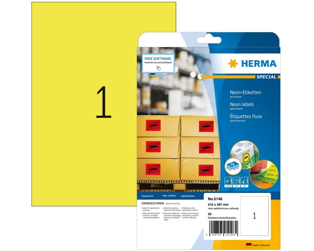 HERMA Neonetiketten A4 210 x 297 mm, Neon-Gelb, 20 Stück