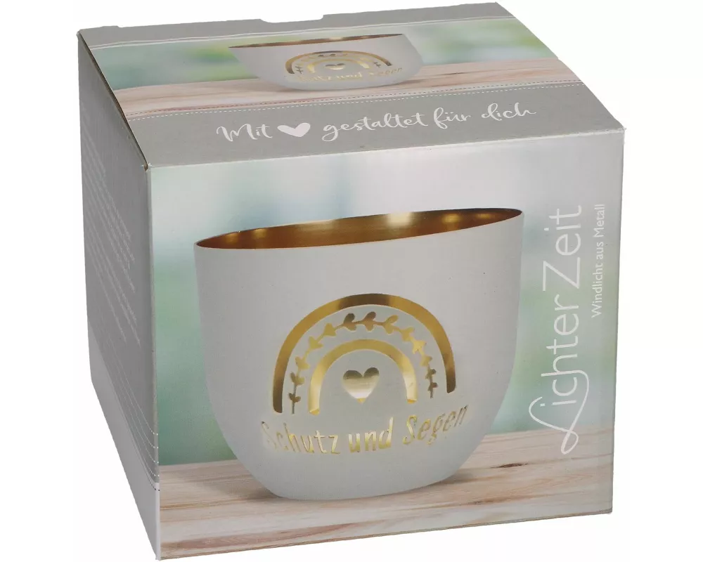 Butzon & Bercker Metallwindlicht Ø 9,2 cm – Windlicht salbeigrün-matt lackiert mit durchbrochenem Motiv, innen goldveredelt, in Geschenkverpackung