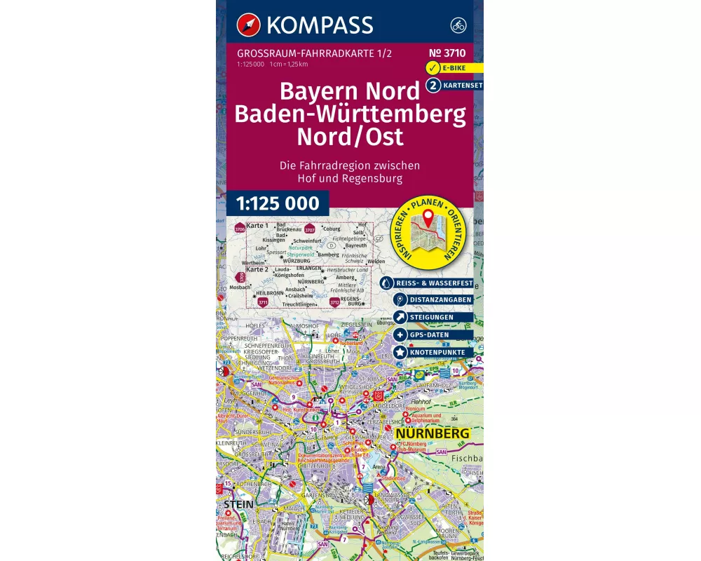 KOMPASS Großraum Fahrradkarte 3710 Bayern Nord, Baden-Württemberg Nord/Ost 1:125.000