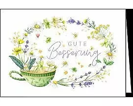 Doppelkarte / Gute Besserung (Tasse, Blütenkranz) / quer