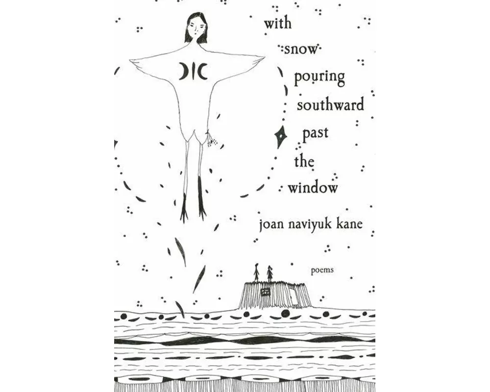 with snow pouring southward past the window