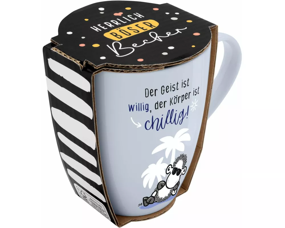 Tasse mit Motivdruck "Der Geist ist willig, der Körper ist chillig!", mit Banderole