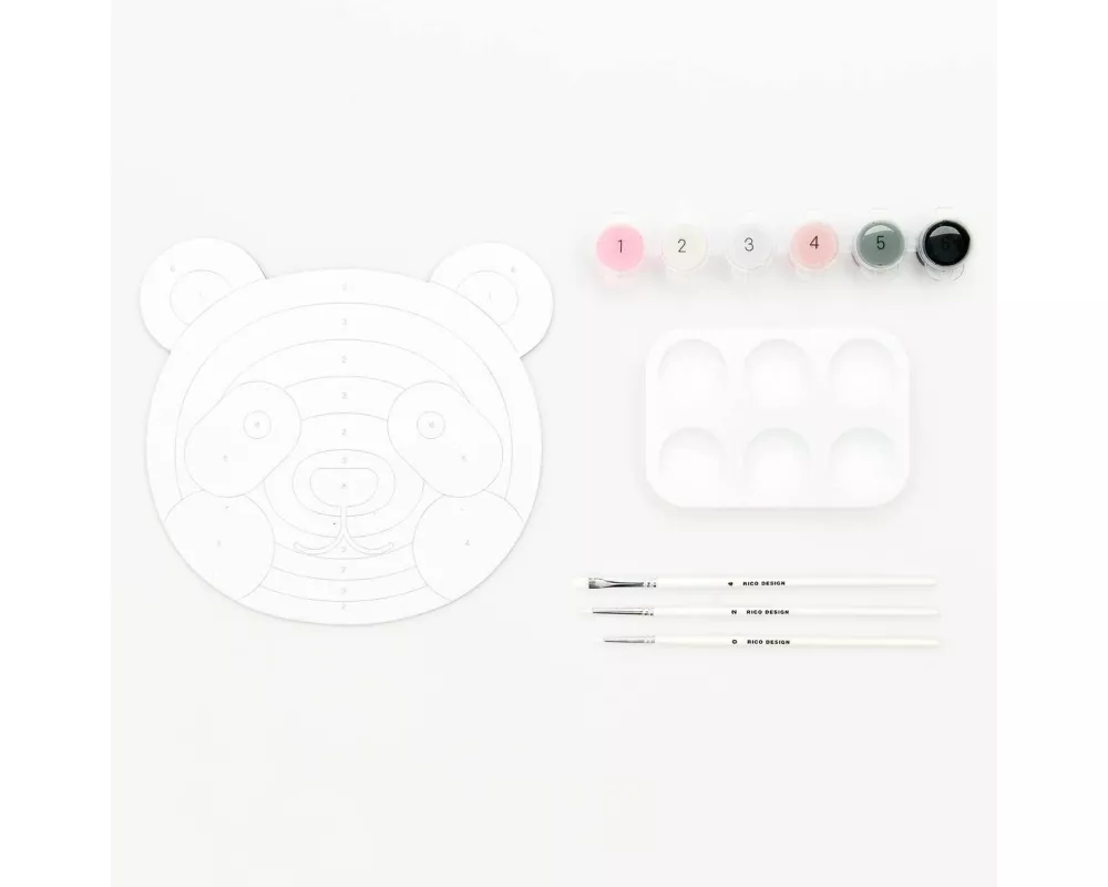 Malen nach Zahlen Set, Panda, FSC 100%, Inhalt: 1 Malkarton, 6 Acrylfarben für ein Motiv, 3 Pinsel, 1 Malpalette