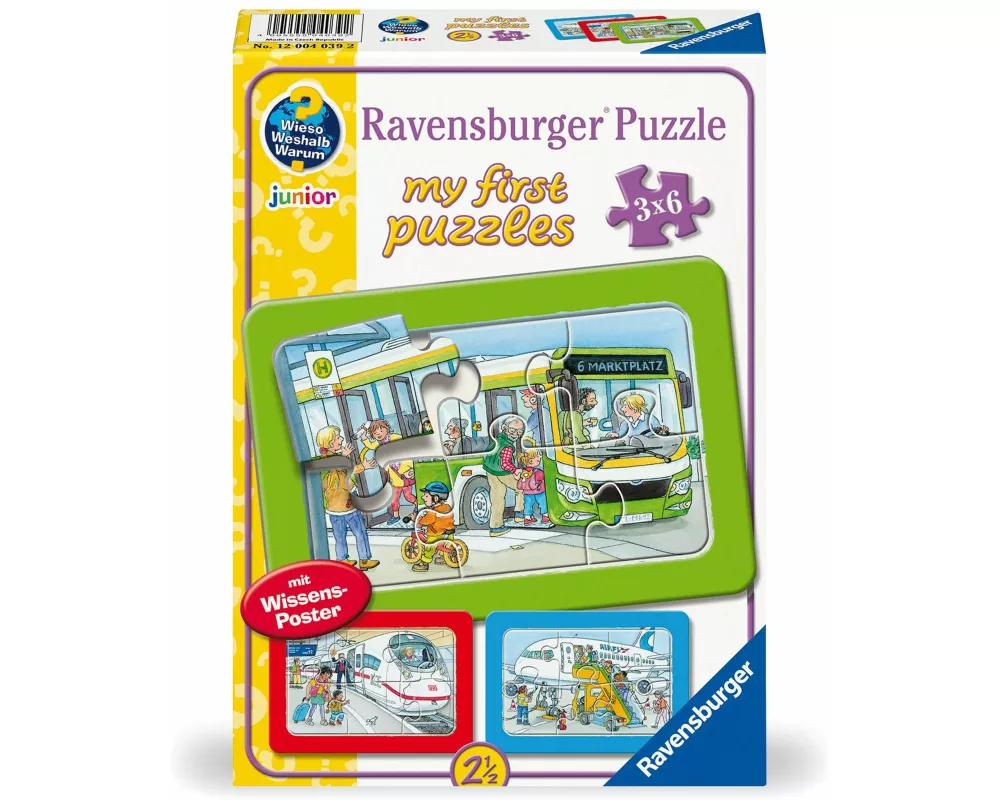 Kinderpuzzle 3x6 Teile - Wieso? Weshalb? Warum? Unterwegs mit Bus, Bahn und Flugzeug