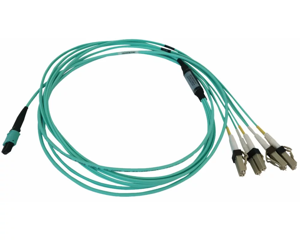 EATON TRIPPLITE 40/100/400G, Multimode, 50/125, OM3, Fiber Optic Cable, 12F, MTP/MPO-PC to 4x, LC/PC, F/M, LSZH, Aqua, 2m 6.6ft.