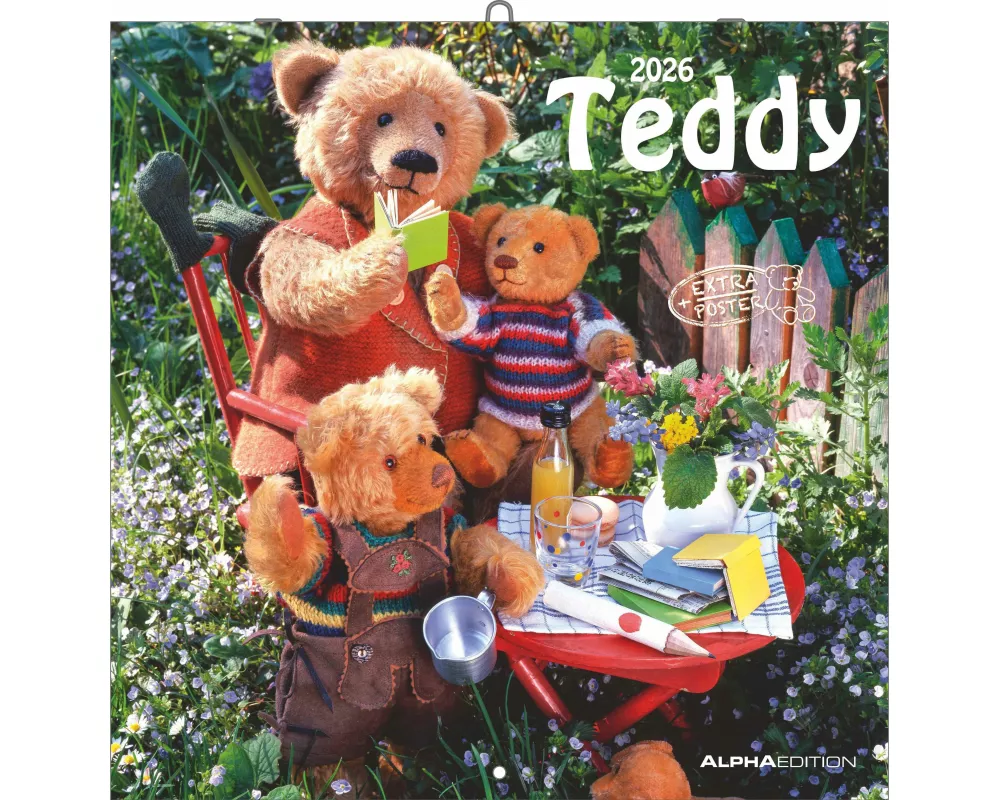 Alpha Edition - Teddy Kalender 2026 – Bildkalender & Wandkalender im Broschürenformat 30×30 cm, aufgeklappt 30×60 cm mit 12 liebevollen Teddy-Motiven
