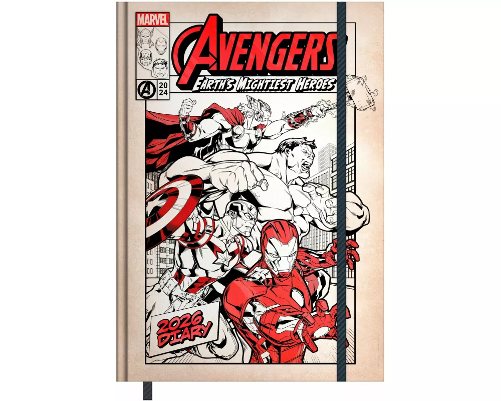 Pyramid - Avengers 2026 – Buchkalender A5 (15×21 cm) mit wöchentlichen Motiven von Spider-Man, Iron Man, Thor & Captain America, Planer für Schule, Un