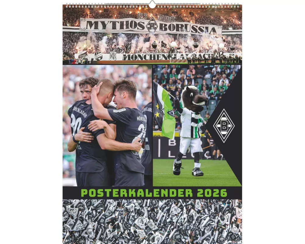 N Neumann - Borussia Mönchengladbach 2026 – Wandkalender XL 48x64 cm mit 12 Monatsblättern, internationalem Kalendarium & Spiralbindung, Fußball-Poste
