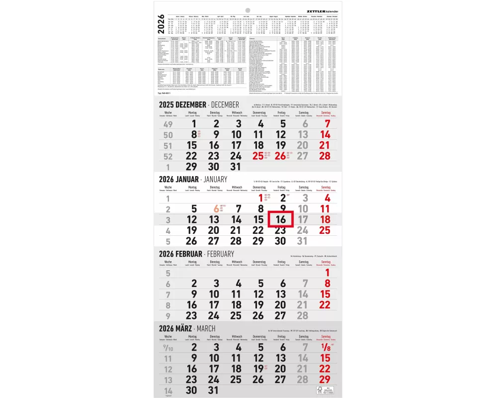 Zettler 4-Monatskalender 2026 – Wandkalender 30 × 63 cm mit Datumsschieber, 4 Monate pro Blatt, Monatsübersicht Dez. 2025–Jan. 2027, 4-sprachig DE/FR/
