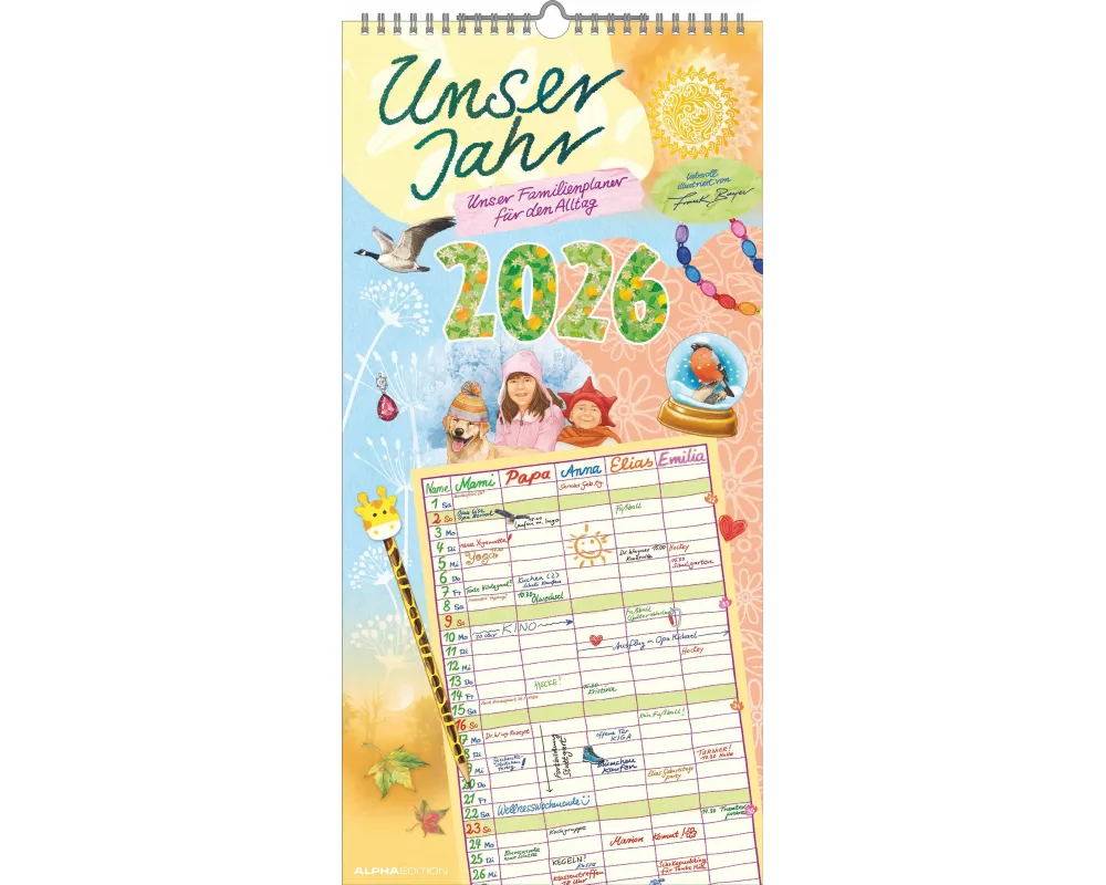 Alpha Edition - Unser Jahr - Unser Familienplaner für den Alltag 2026 – 22x45 cm – Familien-Timer mit 5 Spalten – Illustriert von Frank Bayer – Ideal