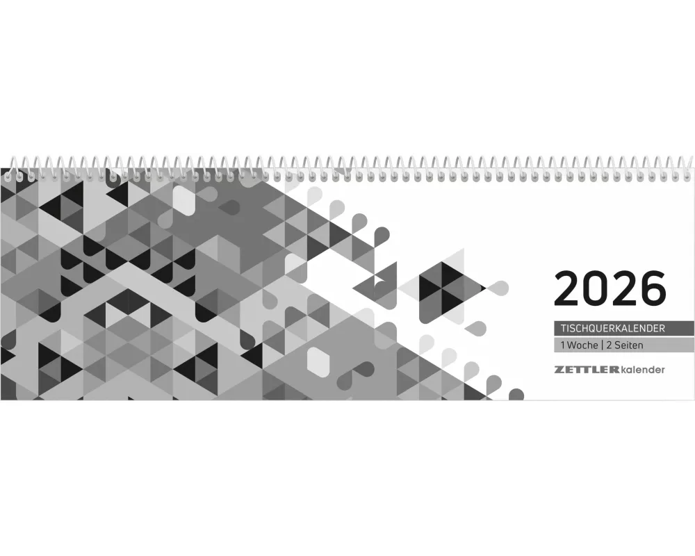 Zettler Tischquerkalender Schwarz 2026 – Bürokalender 30x10 cm, Wochenkalender mit 1 Woche auf 2 Seiten, 3-sprachigem Kalendarium, Spiralbindung & Stu