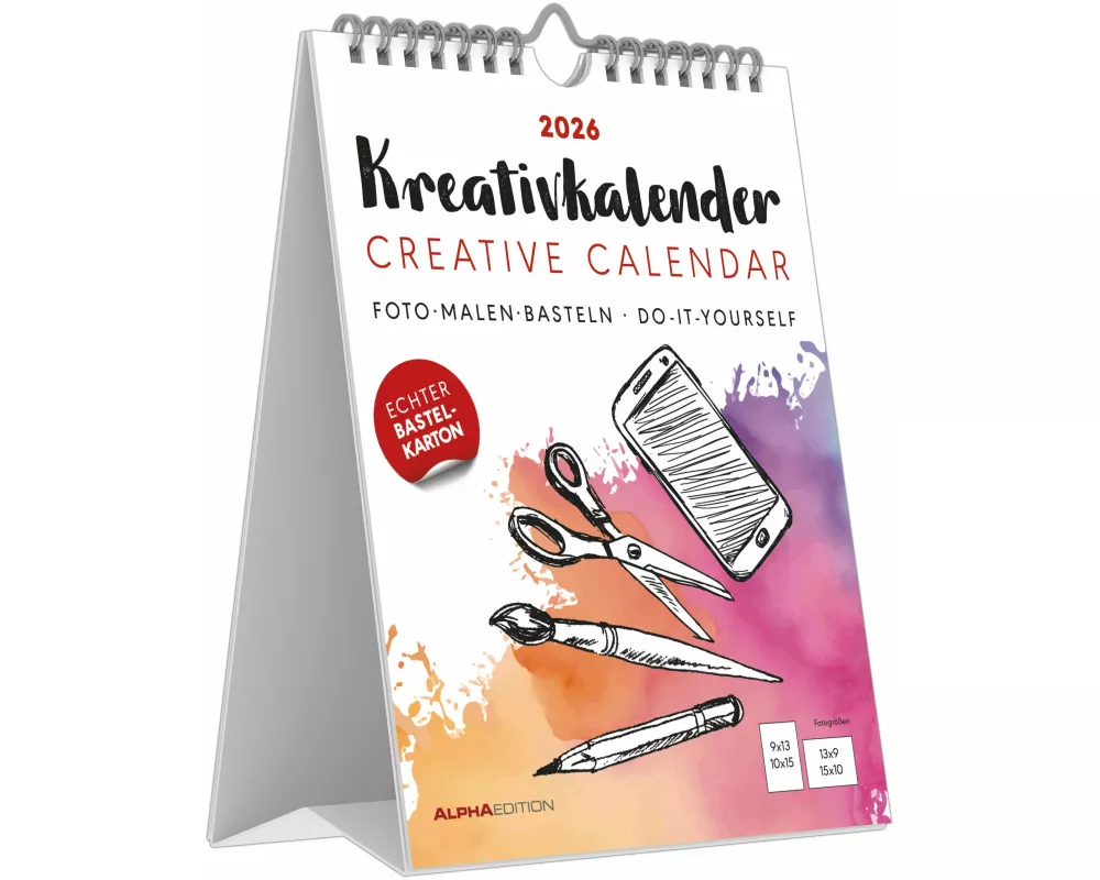Alpha Edition - Kreativ-Kalender Tischaufsteller hoch weiß 2026 – Bastelkalender 16×20 cm mit schwarzem Papier, deutschem Kalendarium & Spiralbindung,