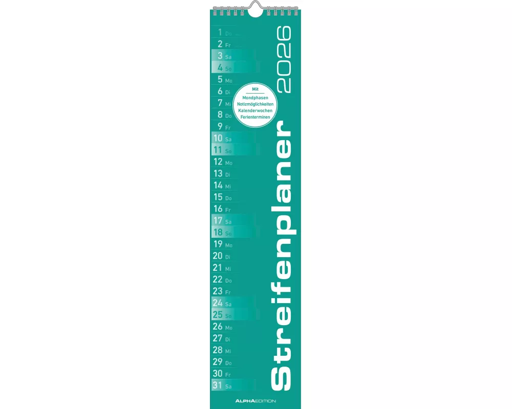 Alpha Edition - Streifenplaner Mint Kalender 2026 – 11,3x49,5 cm – Wandplaner für Haushalt, Büro & Familie – Praktischer Küchenkalender mit neutralem
