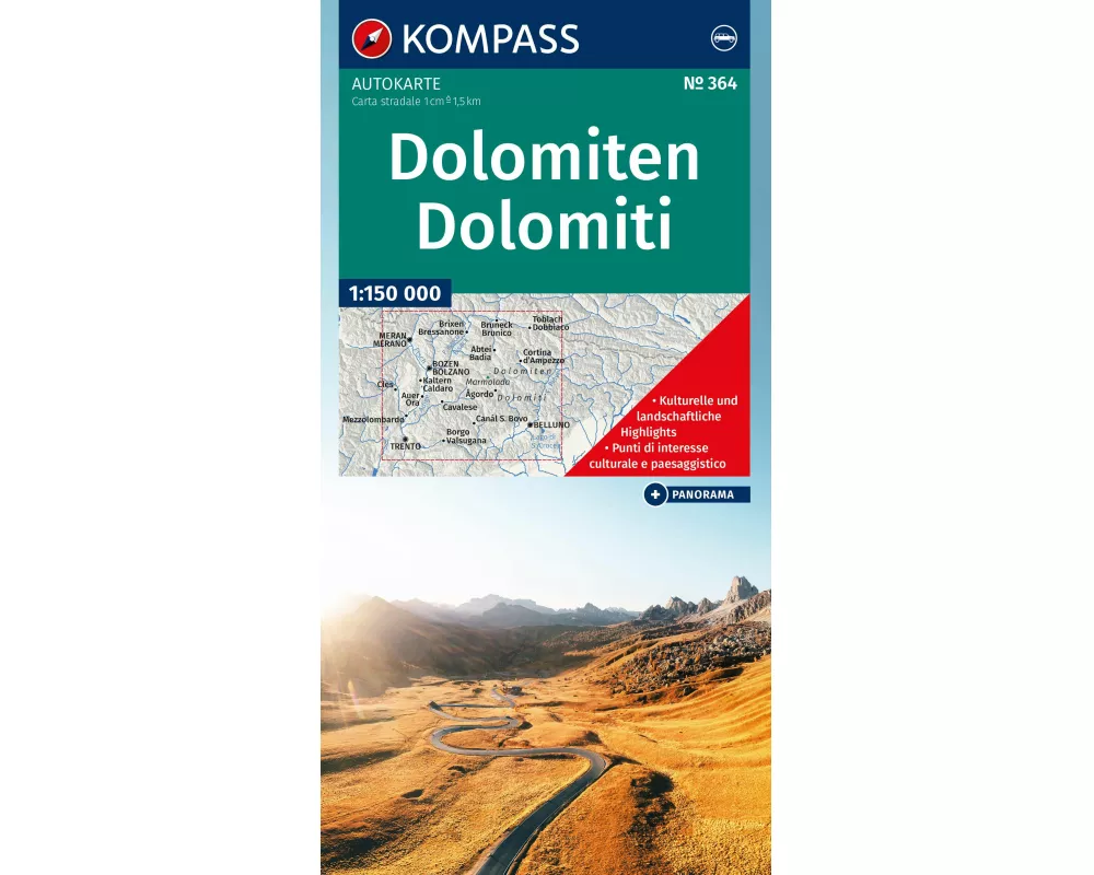KOMPASS Autokarte und Panoramakarte Dolomiten / Dolomiti / Dolomites 1:150.000