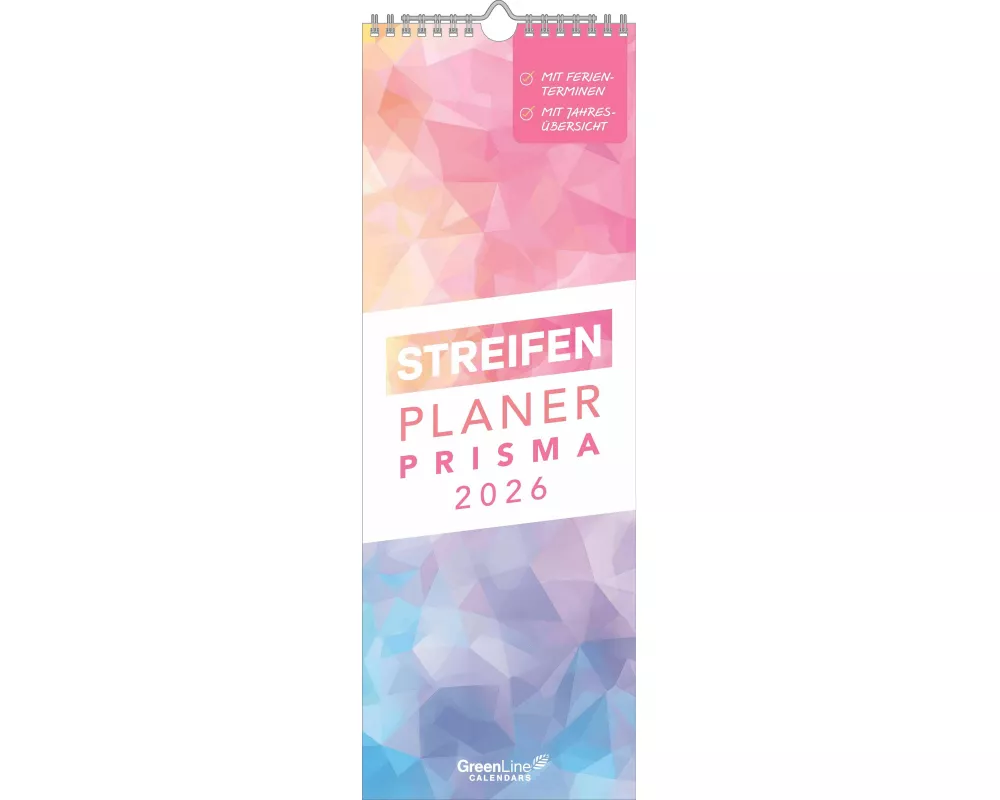 Greenline - Streifenplaner Prisma 2026 – Wandkalender 15 x 42 cm im Rainbow-Design, 4-sprachiges Kalendarium, FSC-Papier, mit Ferienübersicht & Notizs