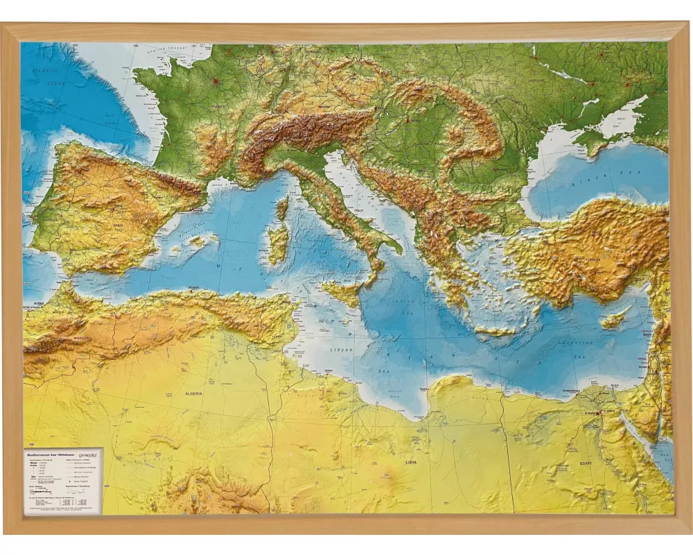 Relief Mittelmeer 1:5.5MIO mit Naturholzrahmen