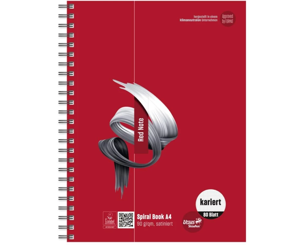 Ursusgreen Notizbuch Red Note Spiral A4, 80 Blatt, kariert