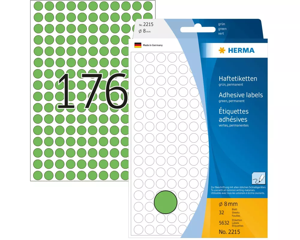 HERMA Vielzweck-Etiketten 2215 Ø 8 mm, Grün, 32 Blatt
