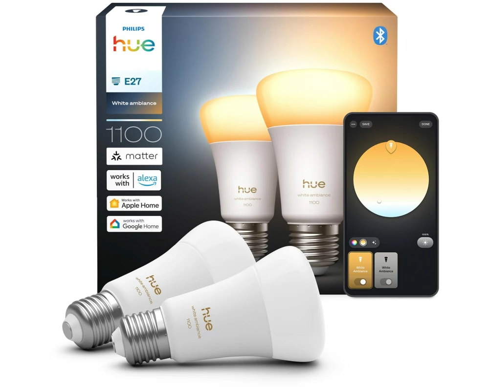 Philips Hue Leuchtmittel White Ambiance E27 Doppelpack 2 x 1100 lm