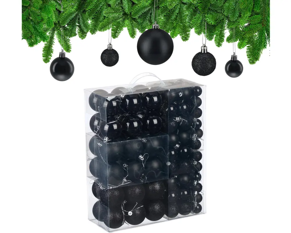 relaxdays Weihnachtskugeln 138er-Set Schwarz-Silber Schwarz/Silber