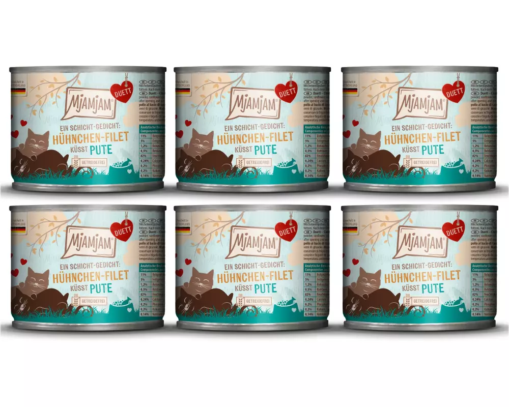Mjamjam Nassfutter Duett Hühnchen-Filet küsst Pute, 6 x 190 g