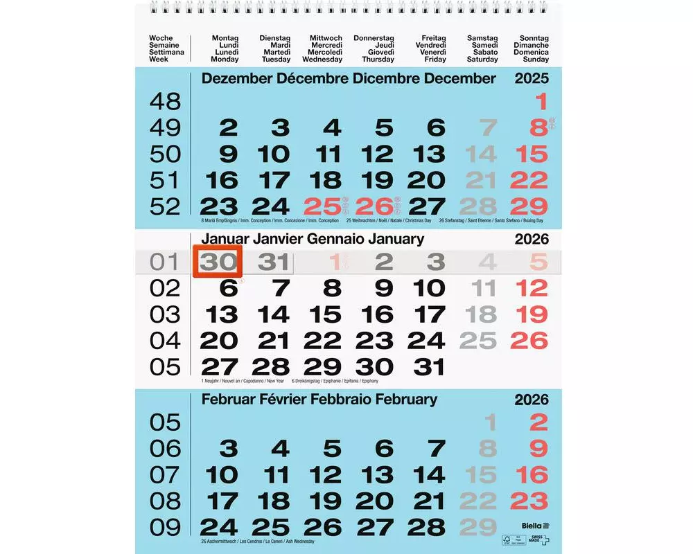 Biella 3-Monatskalender 2026 31 x 40 cm, Blau