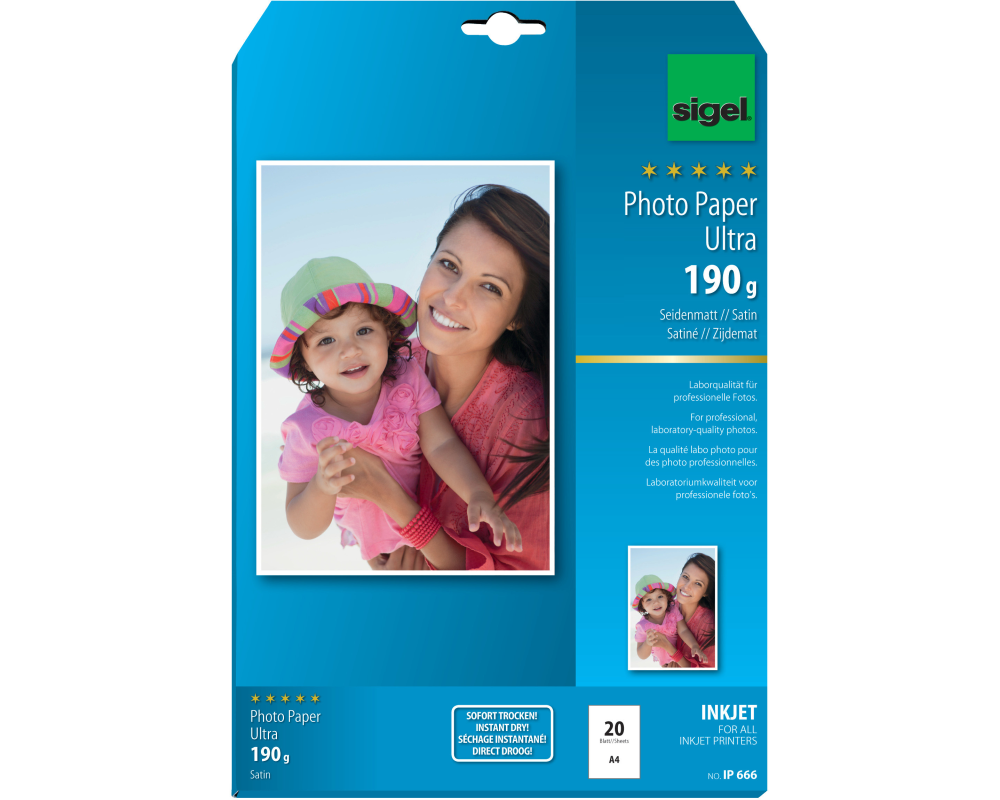SIGEL InkJet Photo Paper Ultra A4 IP666 190g Seidenmatt 20 Blatt