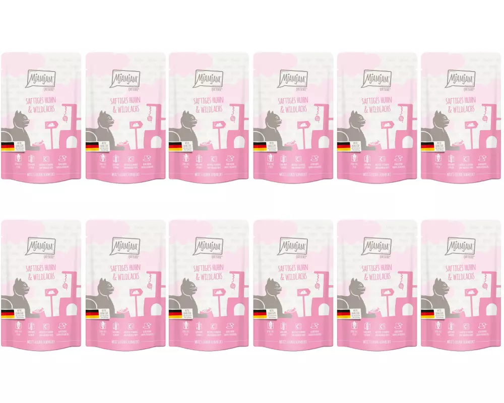 Mjamjam Nassfutter Quetschie Huhn & Wildlachs, 12 x 125 g