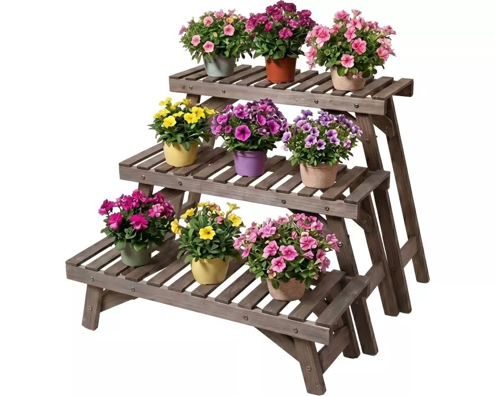 relaxdays Blumentreppe Tannenholz, Dunkelbraun, 3er Set