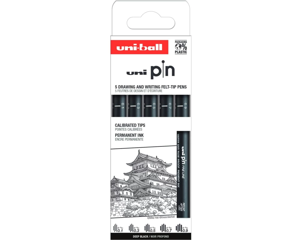 Uni Fineliner Classic Himeji, Schwarz, 5 Stück