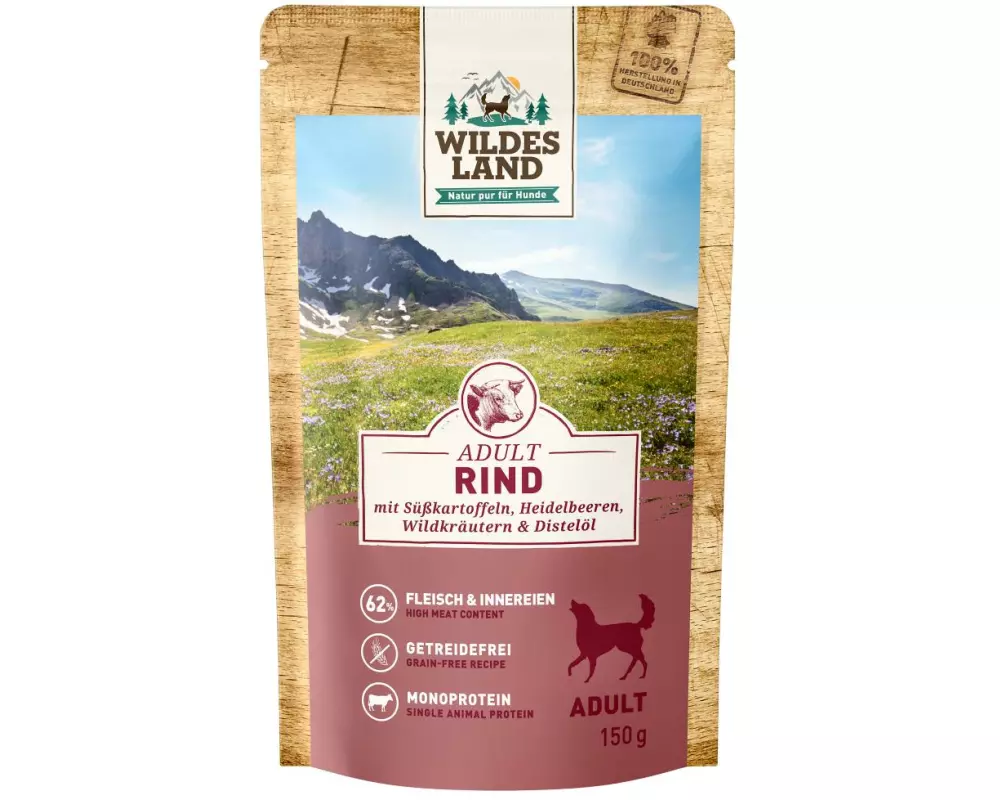 Wildes Land Nassfutter Rind mit Süsskartoffeln & Heidelbeeren 150g