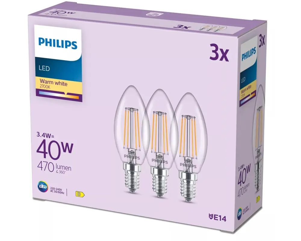 Philips LED Filament-Kerzenlampe ,40 W, B35 E14, 3-er Pack