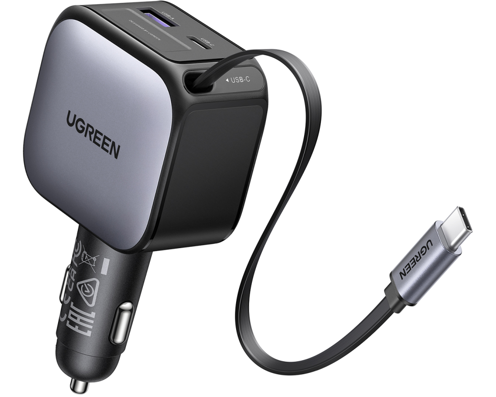 UGREEN Fast Car Charger 2-Port 90W 55909B Retractable Cable