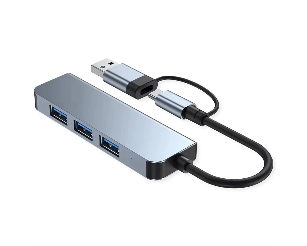 VALUE USB3.2 Gen1 Metall Hub, 4fach Typ A, (1x USB 3.2Gen1 + 3x USB 2.0), Typ A+C Anschlusskabel