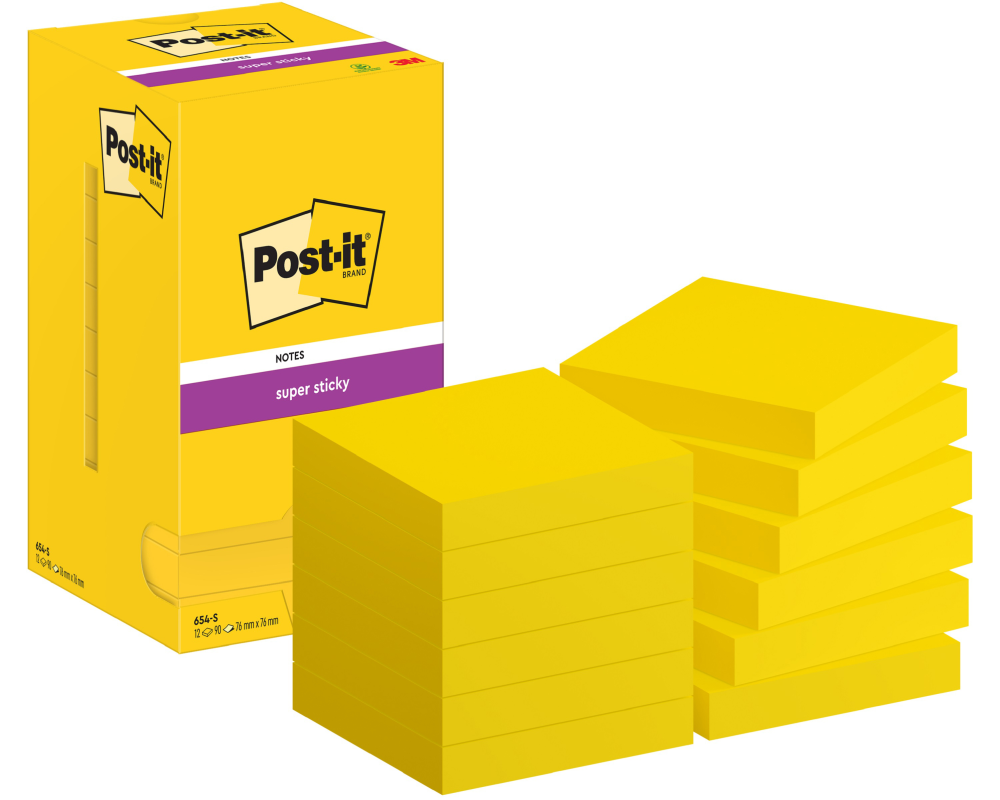POST-IT Notes Super Sticky 76x76mm 654-S gelb 12x90 Blatt
