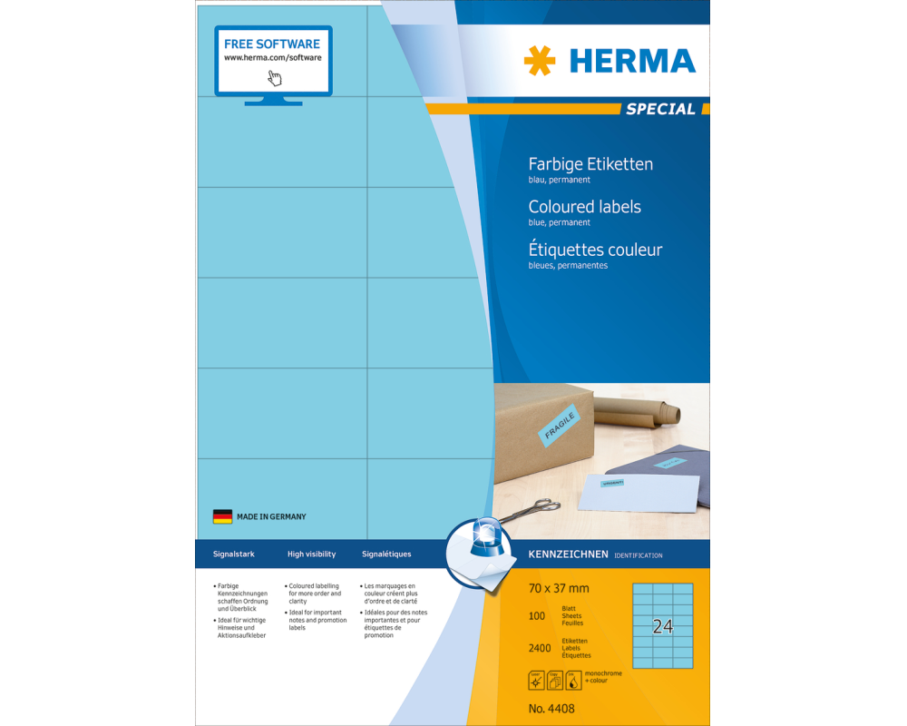 HERMA Etiketten SPECIAL 70x37mm 4408 blau,perm. 2400 St./100 Bl.