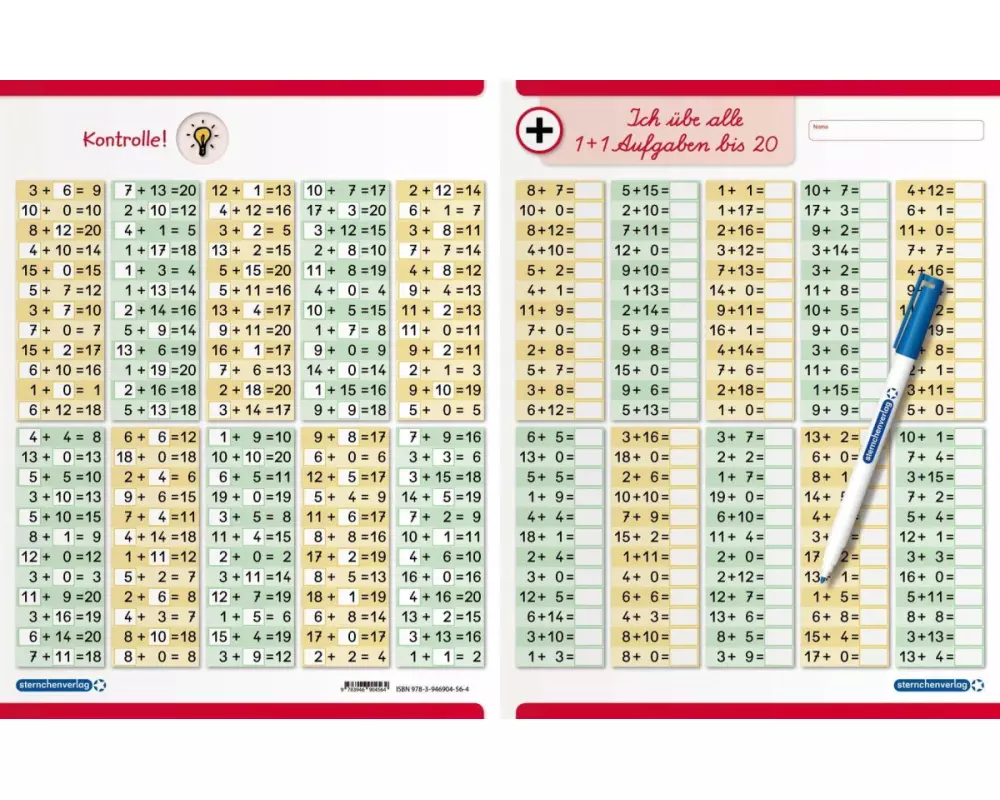 Ich übe alle Additionsaufgaben im Zahlenraum bis 20 mit Stift