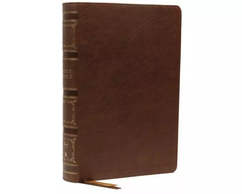 NKJV, Single-Column Wide-Margin Reference Bible, Leathersoft, Brown, Red Letter, Thumb Indexed, Comfort Print