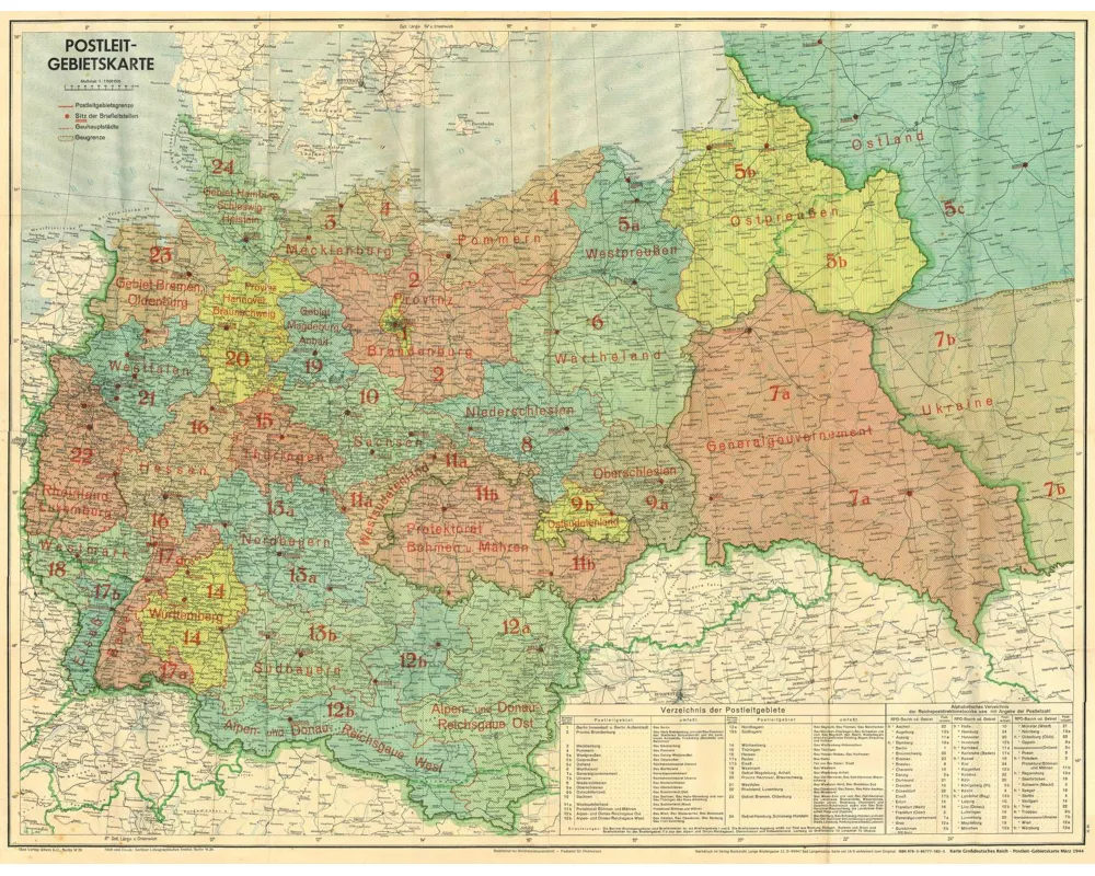 Großdeutsches Reich - Postleit-Gebietskarte, März 1944. 2 Bd