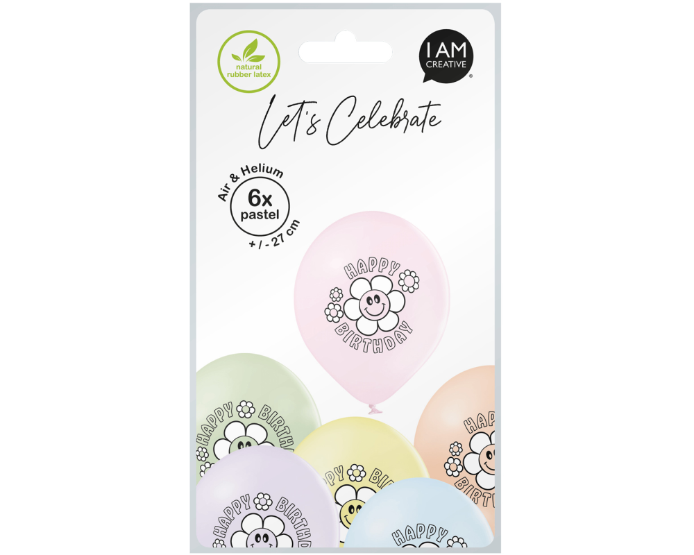 I AM CREATIVE Ballons Happy Birthday 27cm 1000-1070 pastell 6 Stück