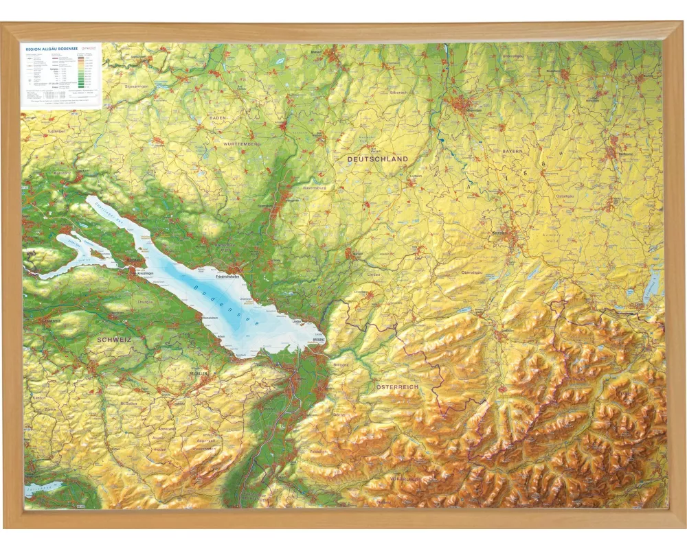Relief Allgäu Bodensee 1:200.000 mit Naturholzrahmen