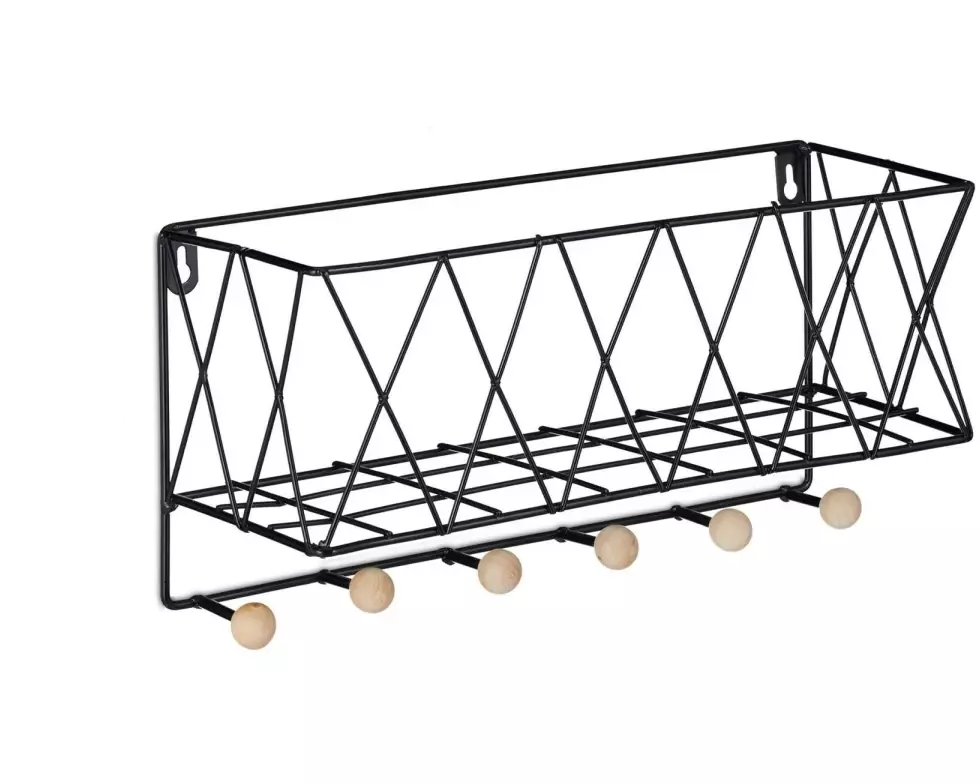 relaxdays Wandregal mit Korb 36 x 17 cm, Schwarz