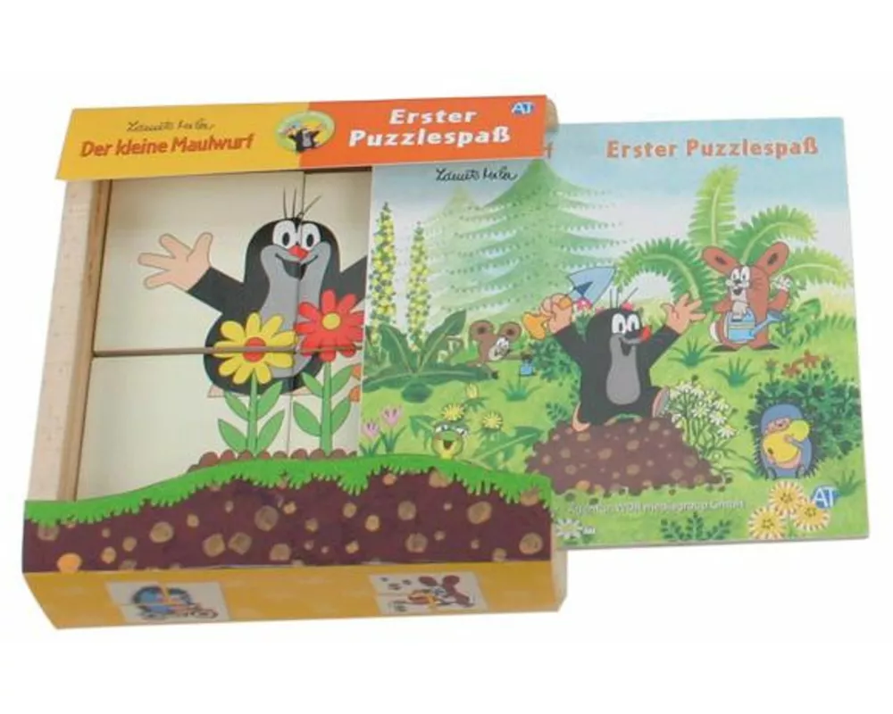Erster Puzzlespaß aus Holz "Der kleine Maulwurf". 4 Motive mit je 4 Teilen