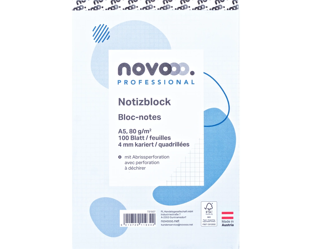 NOVOOO Notizblock weiss A5 731507 kariert 4mm, 80g 2x100 Blatt